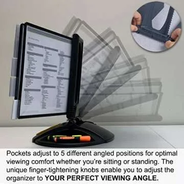 Ultimate Office AdjustaView 10-Pocket Desk Reference Organizer with Supplies Storage Base and EZ-Load Pockets to Hold 20 Sheets of Paper, Includes Fast Find Indexing Tabs, Black Pockets