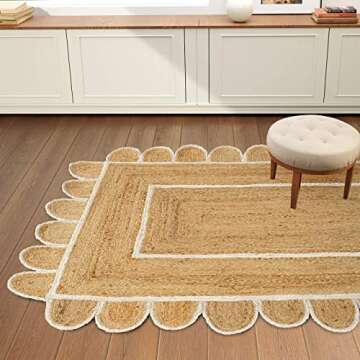 GRUHUM Scalloped Jute Rugs 2'x3' ft Natural White Trim Rectangular Handmade Boho Farmhouse Soft Brai...