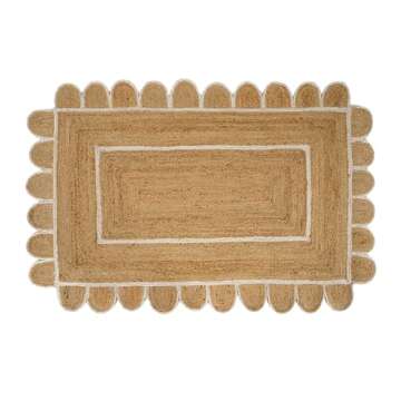 GRUHUM Scalloped Jute Rugs 2'x3' ft Natural White Trim Rectangular Handmade Boho Farmhouse Soft Braided Rustic Vintage EcoFriendly Rug Living Room Bed Room Kitchen Hallways Enterways 2x3ft (Doormat)