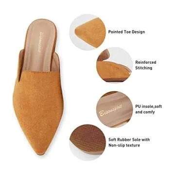 BISON SPIRIT Mules for Women Flats Pointed Toe Slip On Slides Loafer Shoes (Tan Suede,7)
