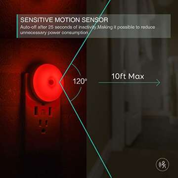 myCozyLite Motion Sensor LED Night Light, Red, Plug-in Nightlight for Home, Smart Movement Sensor, L...