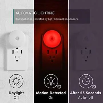 myCozyLite Motion Sensor LED Night Light, Red, Plug-in Nightlight for Home, Smart Movement Sensor, LED Night Lights Plug Into Wall, Soft Glow, Red Diffused Light, 2 Pack