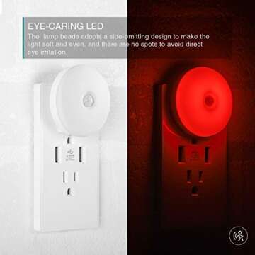 myCozyLite Motion Sensor LED Night Light, Red, Plug-in Nightlight for Home, Smart Movement Sensor, LED Night Lights Plug Into Wall, Soft Glow, Red Diffused Light, 2 Pack