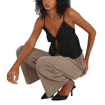 Women Y2K Backless Top Lace Trim Split Front Cami Tank Crop Tops for Going Out Black M