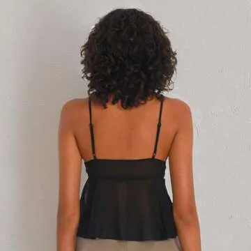 Women Y2K Backless Top Lace Trim Split Front Cami Tank Crop Tops for Going Out Black M