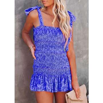Hotmiss Womens Ruffle Smocked Mini Dress Sleeveless Floral Print Summer Tiered Tie Slim Fit Short Dresses