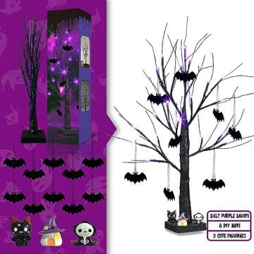EAMBRITE Halloween Tree, 2FT Black Spooky Tree with 24 LED Purple Lights and 8 Bats, Battery Operate...