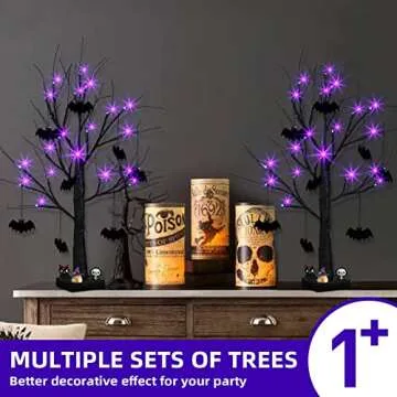 EAMBRITE Halloween Tree, 2FT Black Spooky Tree with 24 LED Purple Lights and 8 Bats, Battery Operated Cute Centerpieces Tabletop Black Tree with Timer for Halloween Decorations Indoor Home Fireplace