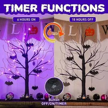 EAMBRITE Halloween Tree, 2FT Black Spooky Tree with 24 LED Purple Lights and 8 Bats, Battery Operated Cute Centerpieces Tabletop Black Tree with Timer for Halloween Decorations Indoor Home Fireplace