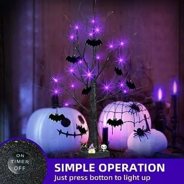 EAMBRITE Halloween Tree, 2FT Black Spooky Tree with 24 LED Purple Lights and 8 Bats, Battery Operated Cute Centerpieces Tabletop Black Tree with Timer for Halloween Decorations Indoor Home Fireplace