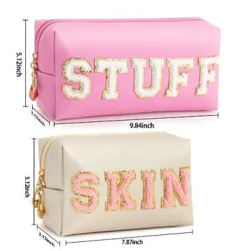 HBselect Preppy Makeup Bag 6 Pcs Travel Toiletry Bag Chenille Letter Patch Makeup Bag Portable Cosmetic Bag for Women PU Leather Waterproof Organizer Make up Bag for Women Girls