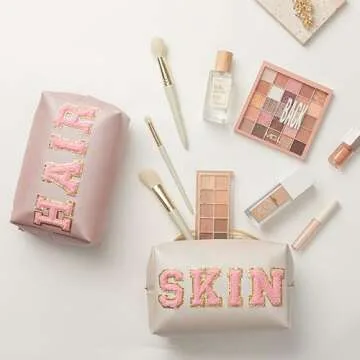 HBselect Preppy Makeup Bag 6 Pcs Travel Toiletry Bag Chenille Letter Patch Makeup Bag Portable Cosmetic Bag for Women PU Leather Waterproof Organizer Make up Bag for Women Girls