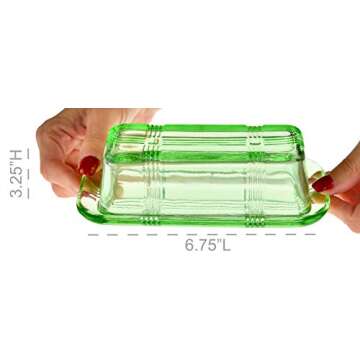 Home-X Glass Butter Dish with Lid - Vintage Style Butter Keeper for Countertop, Retro Butter Container with Cover, Dishwasher Safe Butter Holder, 6 3/4" L x 3 1/4" W x 2 1/2" H, Green