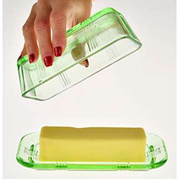 Home-X Glass Butter Dish with Lid - Vintage Style Butter Keeper for Countertop, Retro Butter Container with Cover, Dishwasher Safe Butter Holder, 6 3/4" L x 3 1/4" W x 2 1/2" H, Green