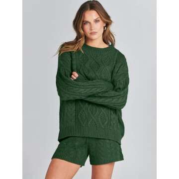 ANRABESS Women 2 Piece Outfits Sweater Lounge Loungewear Sets Fall Cable Knit Oversized Sweaters Short Pants Matching Sets deep green X-Large