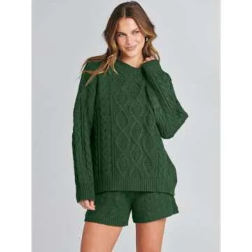 ANRABESS Women 2 Piece Outfits Sweater Lounge Loungewear Sets Fall Cable Knit Oversized Sweaters Short Pants Matching Sets deep green X-Large