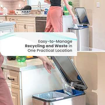 Home Zone Living 13 Gallon Kitchen Trash Can, Dual Removable Liners for Recycling and Trash, 50 Lite...
