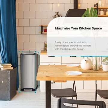 Home Zone Living 13 Gallon Kitchen Trash Can, Dual Removable Liners for Recycling and Trash, 50 Liter Slim Stainless Steel Shape (8 + 5 for 13 Gallons Total)