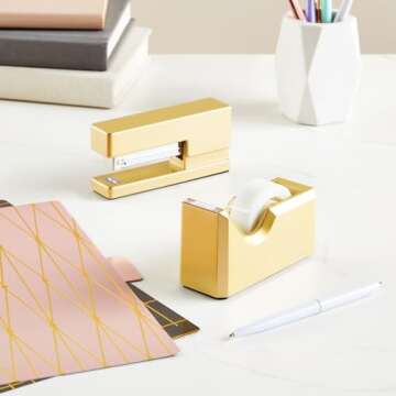 Paper Junkie 2 Piece Matte Gold Stapler and Tape Dispenser Set for Home Office Decor, Classroom Supplies, Desk Accessories for Dorm Room, Students, Teachers, Office Organization