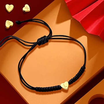 Dainty Gold Heart Love Charm Initial Bracelet Black Pink Red String Rope Letter Bracelet for Girls B...
