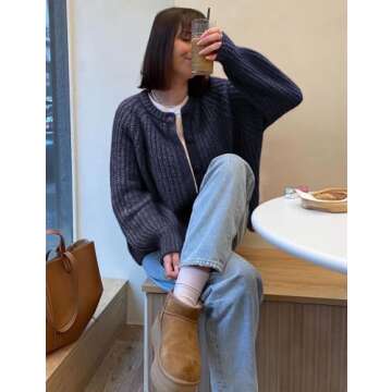 Yimoon Womens Y2K Cardigan Sweater Crewneck Long Sleeve Button Down Cropped Chunky Knit Cardigan Outwear 2024 Fall (Navy-L)