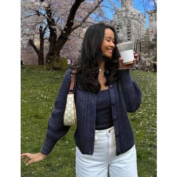 Yimoon Womens Y2K Cardigan Sweater Crewneck Long Sleeve Button Down Cropped Chunky Knit Cardigan Outwear 2024 Fall (Navy-L)