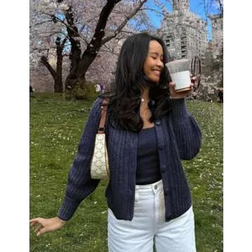 Yimoon Womens Y2K Cardigan Sweater Crewneck Long Sleeve Button Down Cropped Chunky Knit Cardigan Outwear 2024 Fall (Navy-L)