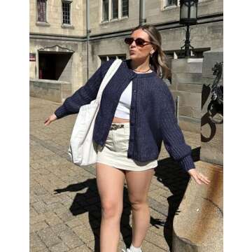 Yimoon Womens Y2K Cardigan Sweater Crewneck Long Sleeve Button Down Cropped Chunky Knit Cardigan Outwear 2024 Fall (Navy-L)