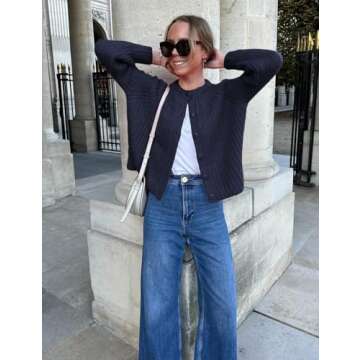 Yimoon Womens Y2K Cardigan Sweater Crewneck Long Sleeve Button Down Cropped Chunky Knit Cardigan Outwear 2024 Fall (Navy-L)