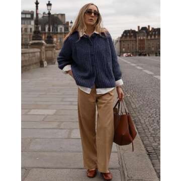 Yimoon Womens Y2K Cardigan Sweater Crewneck Long Sleeve Button Down Cropped Chunky Knit Cardigan Outwear 2024 Fall (Navy-L)