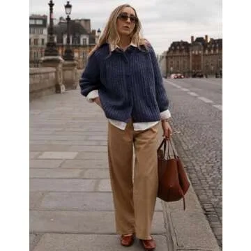 Yimoon Womens Y2K Cardigan Sweater Crewneck Long Sleeve Button Down Cropped Chunky Knit Cardigan Outwear 2024 Fall (Navy-L)