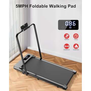 HomeFitnessCode Foldable Walking Pad with Handle Bar, 5MPH Folding Treadmill Portable Under Desk for Home Office 4 in 1, Ultra Quiet <45dB, Safety Lock, Remote Control, 300 LB Capacity, Balck