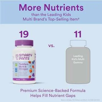SmartyPants Toddler Multivitamin Gummies: Omega 3 Fish Oil (EPA/DHA), Vitamin D3, C, Vitamin B12, B6, A, K & Zinc, Biotin, Beta Carotene, Gluten Free, Three Fruit Flavors, 90 Count (30 Day Supply)