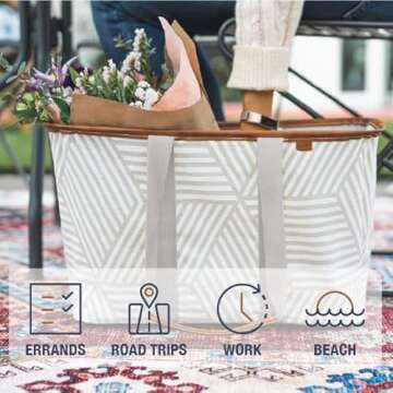 CleverMade Collapsible LUXE Tote, Cream Latte - 30L (8 Gal) Structured Tote Bag with Handles and Reinforced Bottom - Reusable Grocery Bag, Shopping Bag, Utility Tote Bag
