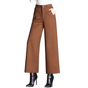 Tanming Women's Casual High Waist Trousers Wool Blend Cropped Wide Leg Pants (Medium, Brown)