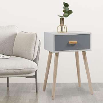 JAXPETY Set of 2 Modern Wood Nightstand, Bedside Table with Drawer, Bedside Furniture, Night Stand, End Table with Solid Wood Legs for Home Bedroom, Grey