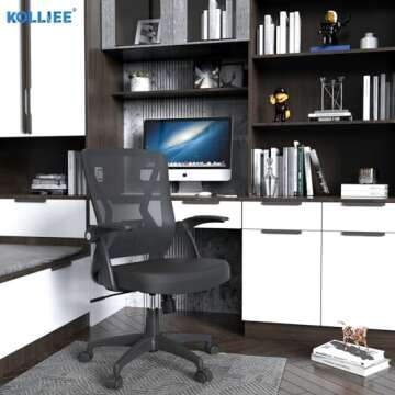 KOLLIEE Mid Back Mesh Office Chair Ergonomic Swivel Black Mesh Computer Chair Flip Up Arms with Lumb...
