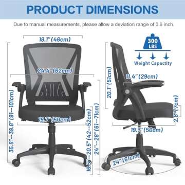 KOLLIEE Mid Back Mesh Office Chair Ergonomic Swivel Black Mesh Computer Chair Flip Up Arms with Lumbar Support Adjustable Height Task Chair