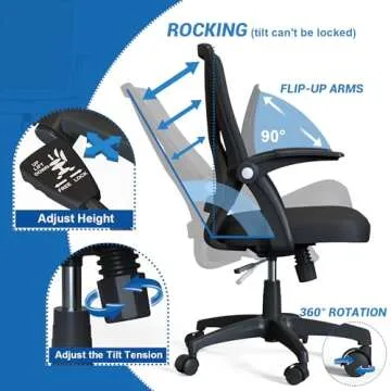 KOLLIEE Mid Back Mesh Office Chair Ergonomic Swivel Black Mesh Computer Chair Flip Up Arms with Lumbar Support Adjustable Height Task Chair