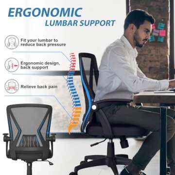 KOLLIEE Mid Back Mesh Office Chair Ergonomic Swivel Black Mesh Computer Chair Flip Up Arms with Lumbar Support Adjustable Height Task Chair