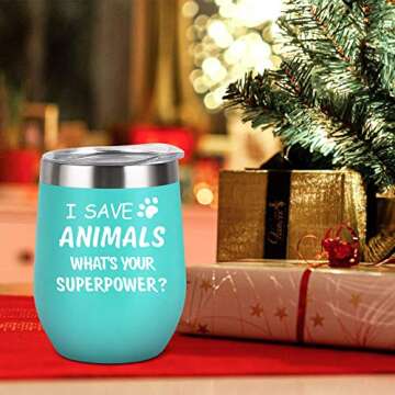 I Save Animals, What's Your Superpower? Vet Tech Gift Stainless Steel Wine Tumbler with Lid, Birthday Christmas Ideas for Veterinarian, Doctor Assistant Graduation, Friends, Coworkers(12oz, Mint)