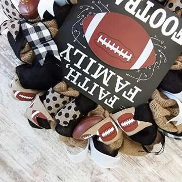 Faith Family Football Burlap Outdoor Front Door Wreath - Sports Wreaths for Fall : Brown Black White Burlap Buffalo Check Polka Dot