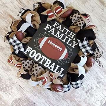 Faith Family Football Burlap Outdoor Front Door Wreath - Sports Wreaths for Fall : Brown Black White Burlap Buffalo Check Polka Dot