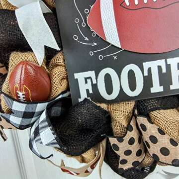 Faith Family Football Burlap Outdoor Front Door Wreath - Sports Wreaths for Fall : Brown Black White Burlap Buffalo Check Polka Dot
