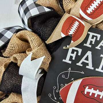 Faith Family Football Burlap Outdoor Front Door Wreath - Sports Wreaths for Fall : Brown Black White Burlap Buffalo Check Polka Dot