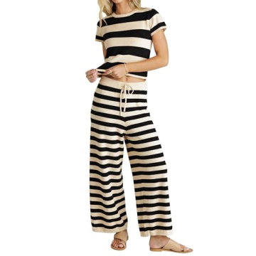 MISSACTIVER Women's Striped Two Piece Sweater Outfits Short Sleeve Pullover Tops and High Waisted Wi...