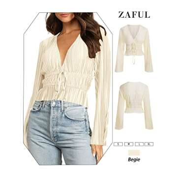 ZAFUL Women Deep V Neck Bell Long Sleeve Blouse Tie Knot Pleated Crop Top Solid Elegant Tunic Shirt Beige