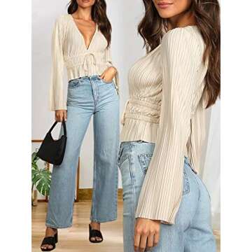 ZAFUL Women Deep V Neck Bell Long Sleeve Blouse Tie Knot Pleated Crop Top Solid Elegant Tunic Shirt Beige