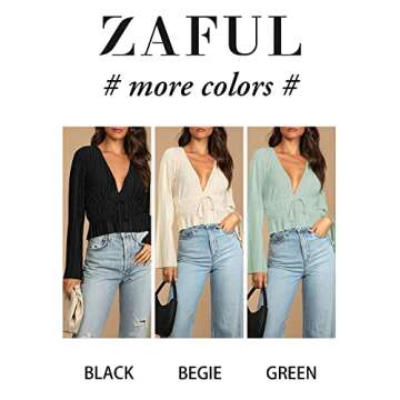 ZAFUL Women Deep V Neck Bell Long Sleeve Blouse Tie Knot Pleated Crop Top Solid Elegant Tunic Shirt Beige