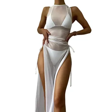 Verdusa Women's Swimsuit Mesh Cover Up High Split Drawstring Bikini Long Dress White S